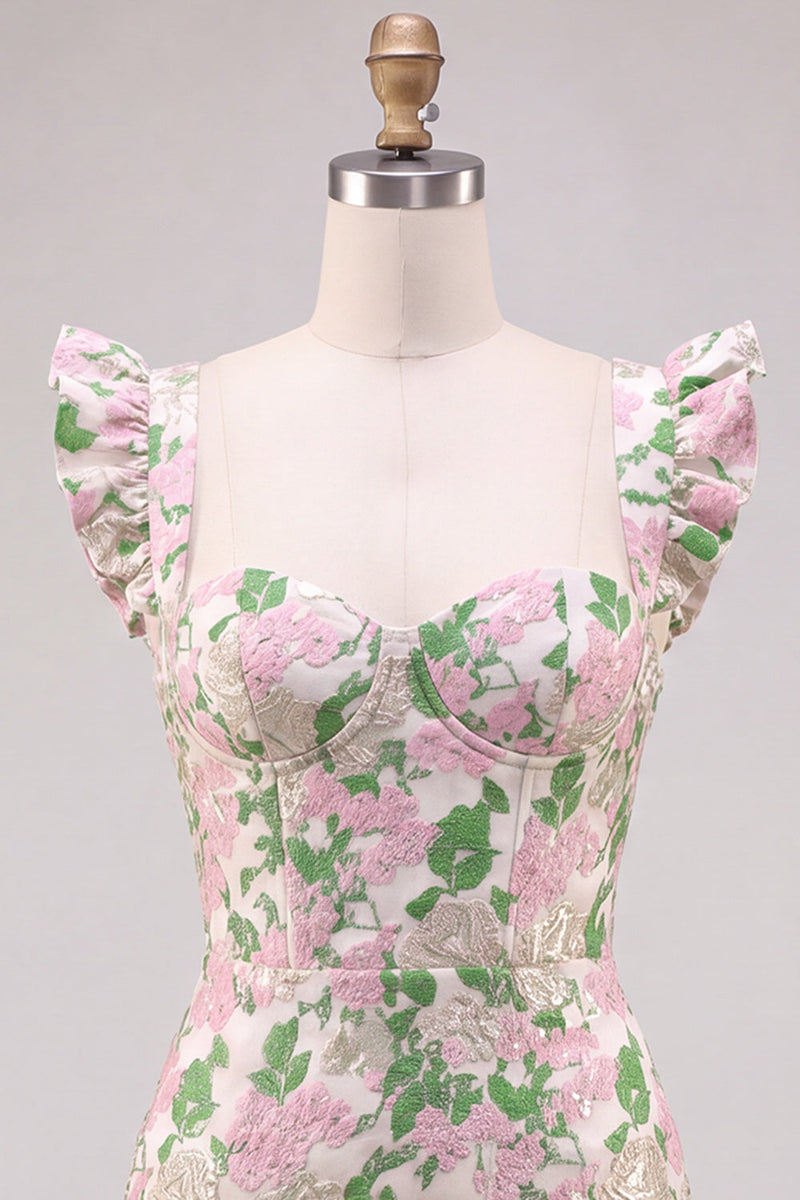 Laden Sie das Bild in den Galerie-Viewer, Blumenrosa Jacquard Flutter Sleeves Bodycon Mini-Homecoming-Kleid