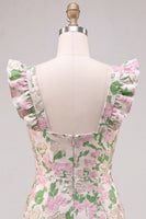 Laden Sie das Bild in den Galerie-Viewer, Blumenrosa Jacquard Flutter Sleeves Bodycon Mini-Homecoming-Kleid