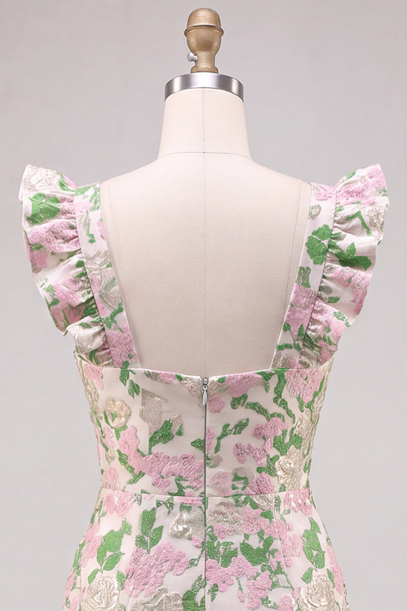 Laden Sie das Bild in den Galerie-Viewer, Blumenrosa Jacquard Flutter Sleeves Bodycon Mini-Homecoming-Kleid