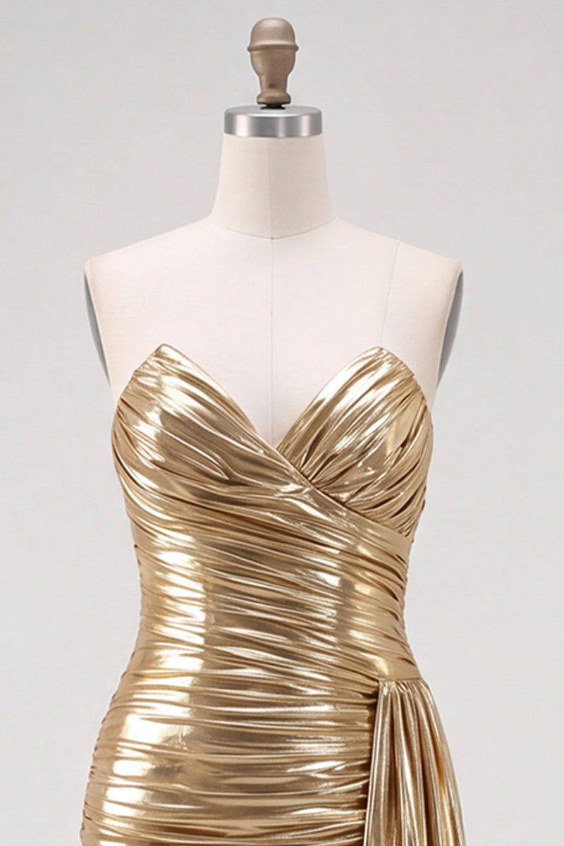 Laden Sie das Bild in den Galerie-Viewer, Königsblaues Metallisches Gerafftes Trägerloses Kurzes Abendkleid