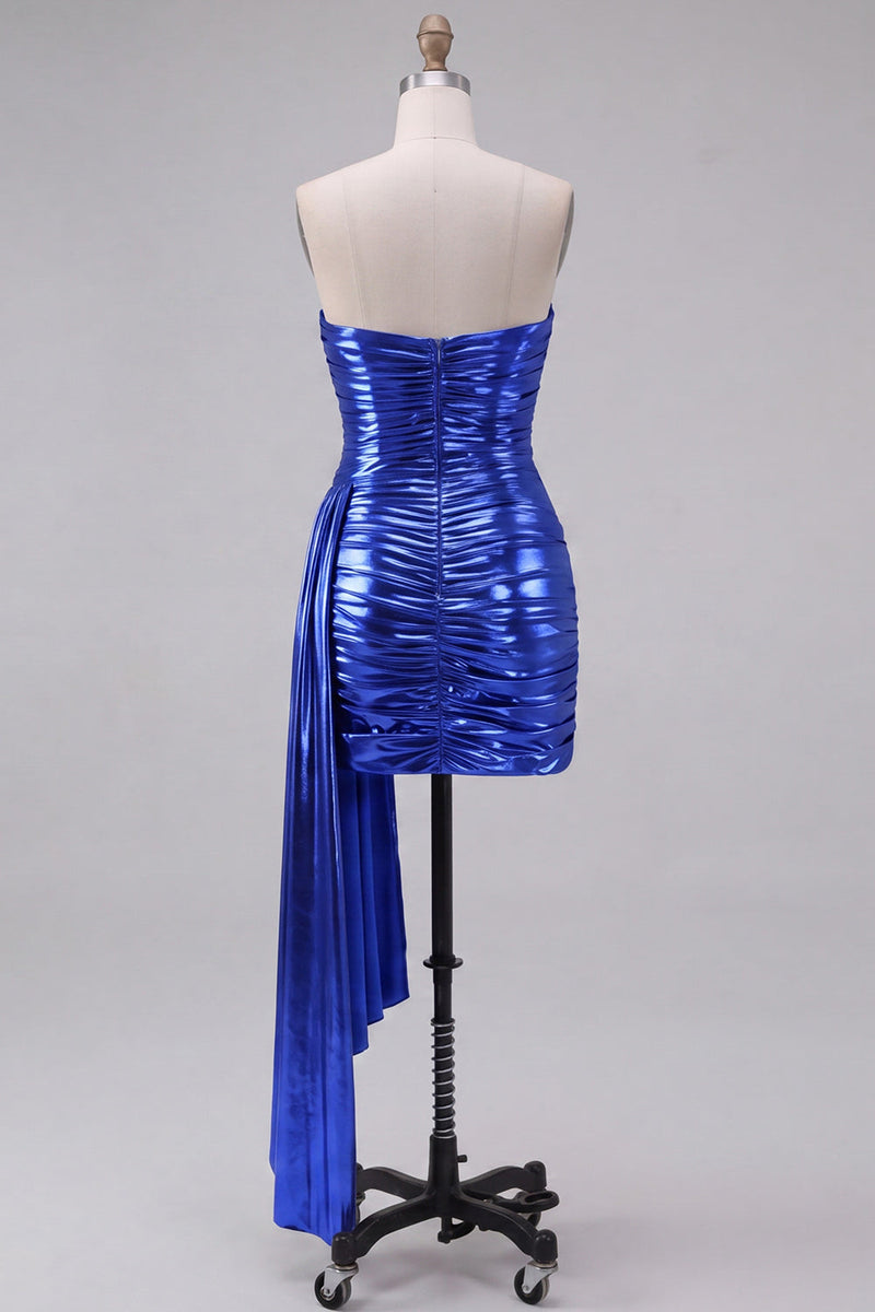 Laden Sie das Bild in den Galerie-Viewer, Königsblaues Metallisches Gerafftes Trägerloses Kurzes Abendkleid