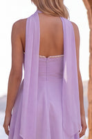 Laden Sie das Bild in den Galerie-Viewer, Gelbes A-Line-Perlenrand-Chiffon-Kurz-Homecoming-Kleid mit Schal