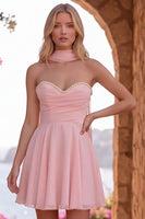 Laden Sie das Bild in den Galerie-Viewer, Gelbes A-Line-Perlenrand-Chiffon-Kurz-Homecoming-Kleid mit Schal