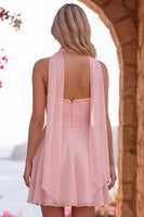 Laden Sie das Bild in den Galerie-Viewer, Gelbes A-Line-Perlenrand-Chiffon-Kurz-Homecoming-Kleid mit Schal