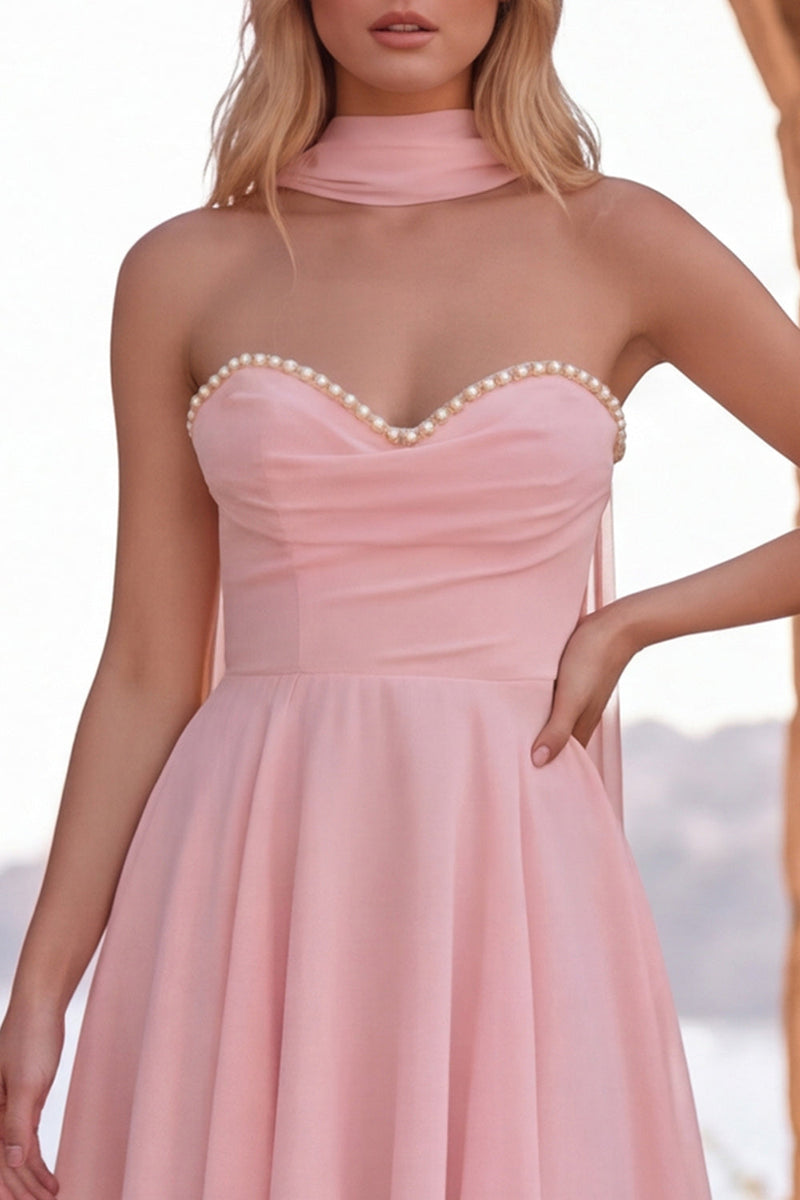 Laden Sie das Bild in den Galerie-Viewer, Gelbes A-Line-Perlenrand-Chiffon-Kurz-Homecoming-Kleid mit Schal