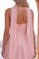 Laden Sie das Bild in den Galerie-Viewer, Gelbes A-Line-Perlenrand-Chiffon-Kurz-Homecoming-Kleid mit Schal