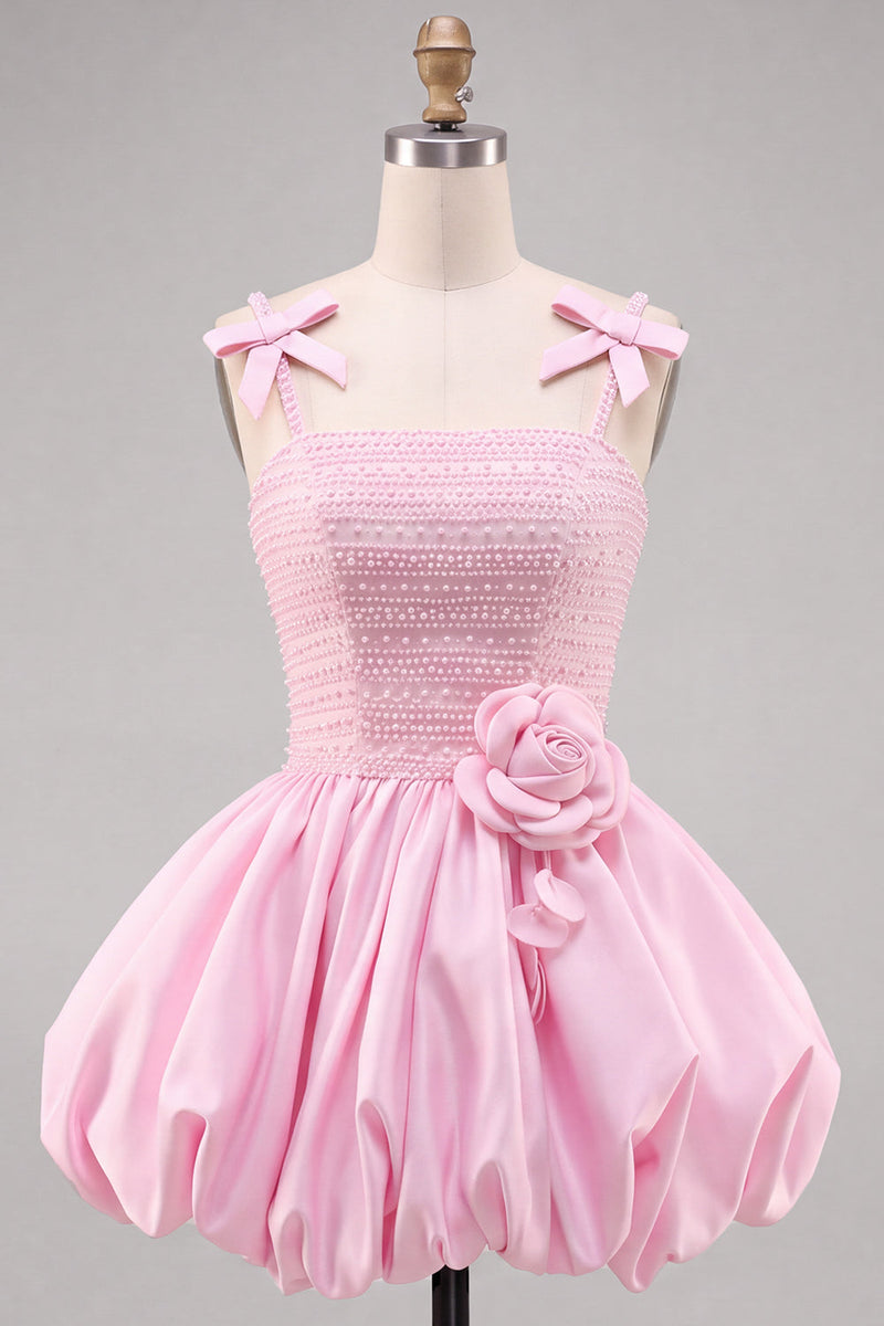 Laden Sie das Bild in den Galerie-Viewer, Rosa A-Linie Perlmutt 3D Blumenrüschen-Saum Kurzes Homecoming-Kleid mit Schleife