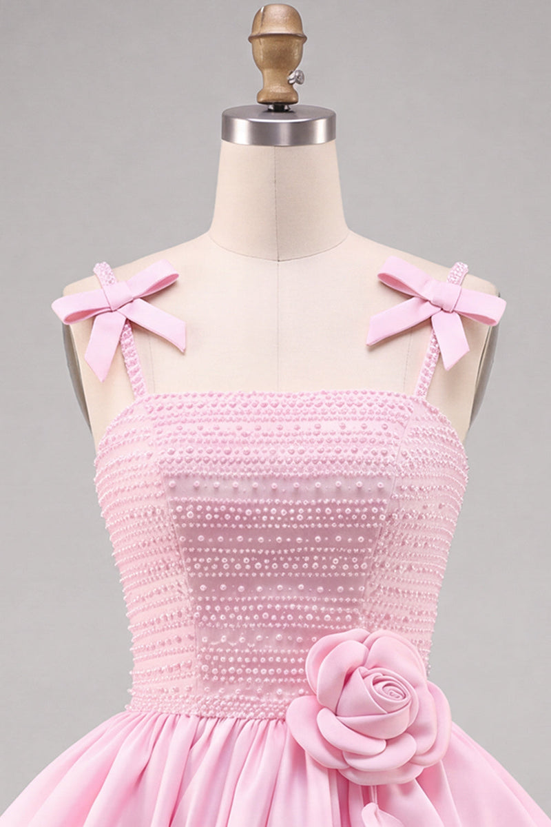 Laden Sie das Bild in den Galerie-Viewer, Rosa A-Linie Perlmutt 3D Blumenrüschen-Saum Kurzes Homecoming-Kleid mit Schleife