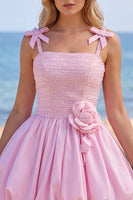 Laden Sie das Bild in den Galerie-Viewer, Rosa A-Linie Perlmutt 3D Blumenrüschen-Saum Kurzes Homecoming-Kleid mit Schleife