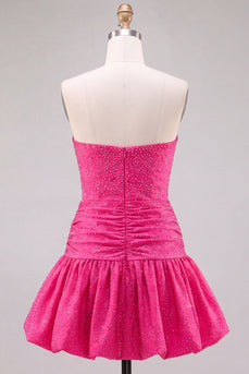 Fuchsia Trägerloses A-Linie Besetztes Kurzes Abendkleid mit Rüschensaum