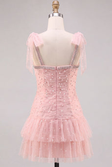 Rosa Tüll Perlen Kurzes Abendkleid mit Rüschen
