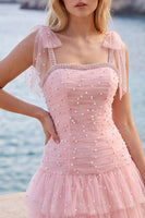 Laden Sie das Bild in den Galerie-Viewer, Kurzes Homecoming-Kleid mit Perlenmuster in Perlen-Tull in Perlen und Rüschen