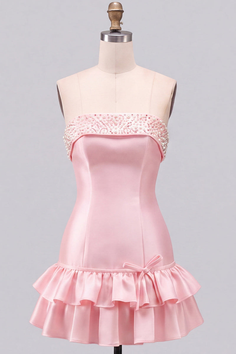 Laden Sie das Bild in den Galerie-Viewer, Rosa perlenbesetztes perlen-trägerloses A-Linien-Stufen-Kurzes Homecoming-Kleid mit Rüschen