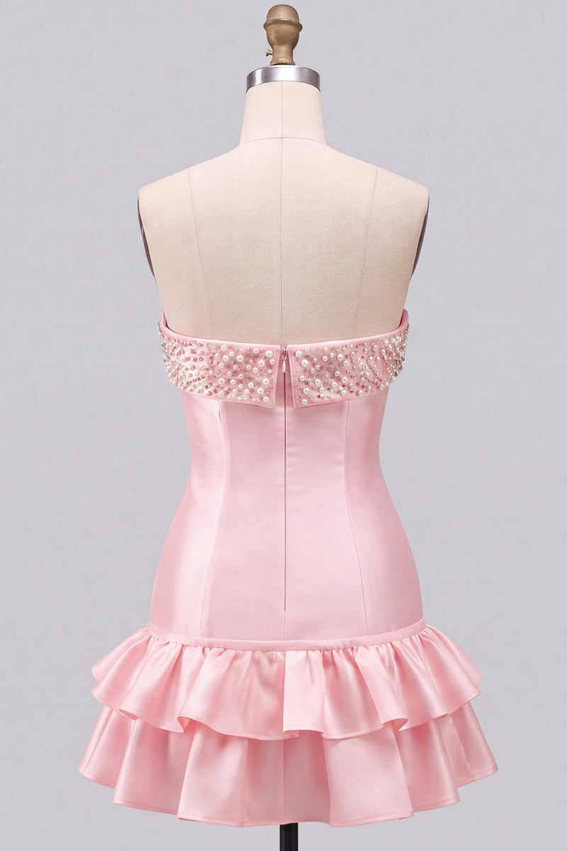 Laden Sie das Bild in den Galerie-Viewer, Rosa perlenbesetztes perlen-trägerloses A-Linien-Stufen-Kurzes Homecoming-Kleid mit Rüschen