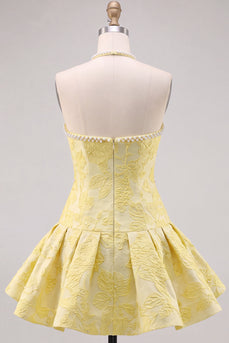 Buttergelbes Blumiges Jacquard Neckholder Kurzes Abendkleid mit Perlenverzierungen