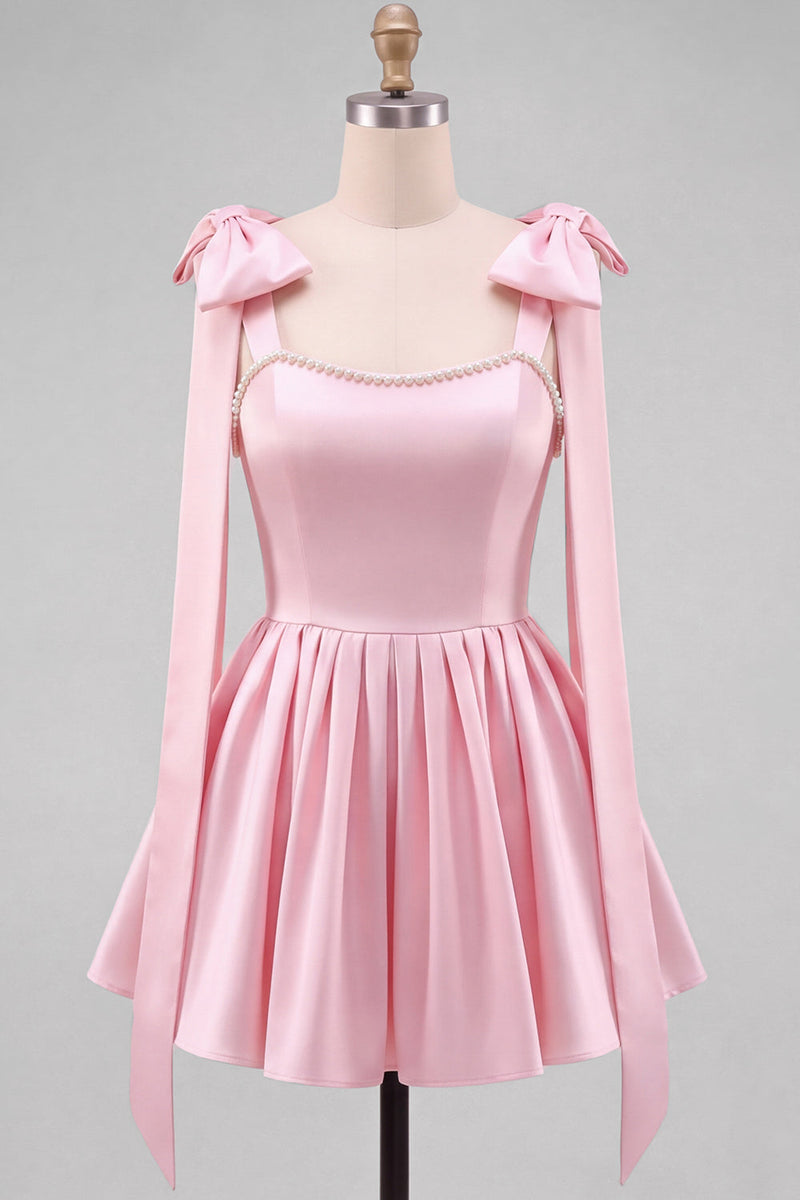 Laden Sie das Bild in den Galerie-Viewer, Buttergelbes A-Line Satin-Perlen-Trim-Mini-Homecoming-Kleid mit Fliege-Schulterriemen