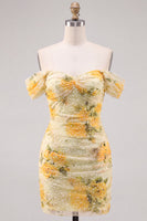 Laden Sie das Bild in den Galerie-Viewer, Narzissen-Floral-Off-the-Shoulder-Bodycon-Bodycon-Homecoming-Kleid