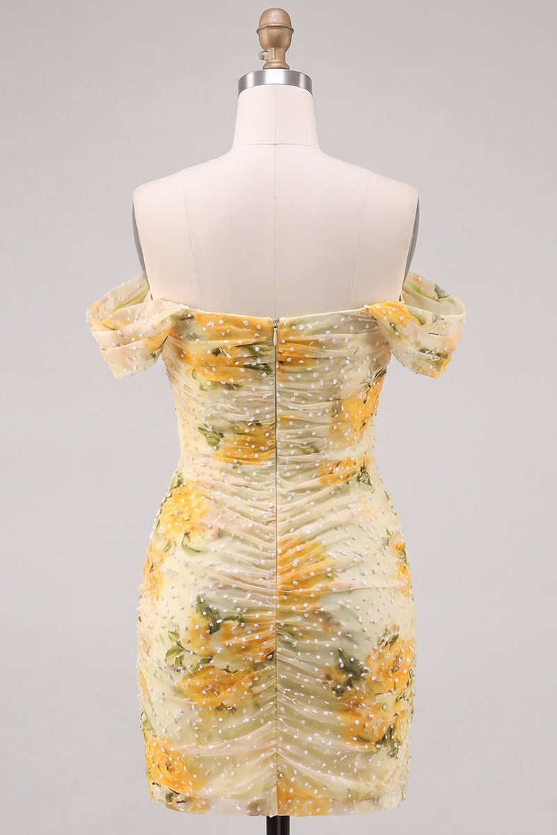 Laden Sie das Bild in den Galerie-Viewer, Narzissen-Floral-Off-the-Shoulder-Bodycon-Bodycon-Homecoming-Kleid