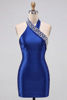Laden Sie das Bild in den Galerie-Viewer, Königsblaue Bodycon Perlen Strass Halter Kurzes Homecoming-Kleid
