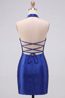 Laden Sie das Bild in den Galerie-Viewer, Königsblaue Bodycon Perlen Strass Halter Kurzes Homecoming-Kleid