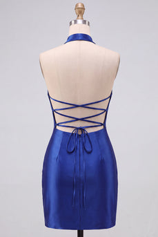 Königsblaues Bodycon Perlen Strass Halter Kurzes Abendkleid
