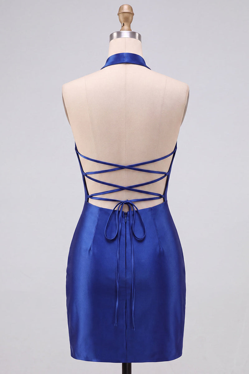 Laden Sie das Bild in den Galerie-Viewer, Königsblaue Bodycon Perlen Strass Halter Kurzes Homecoming-Kleid