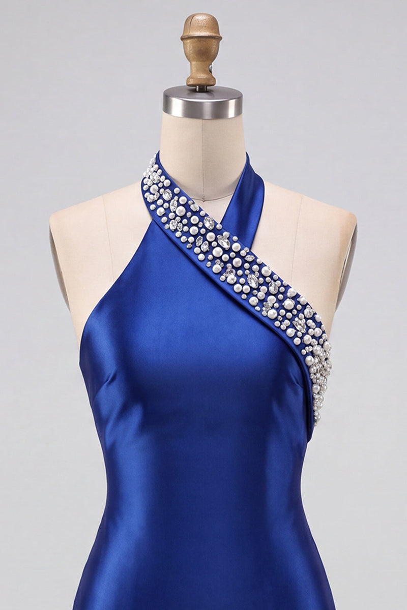 Laden Sie das Bild in den Galerie-Viewer, Königsblaue Bodycon Perlen Strass Halter Kurzes Homecoming-Kleid