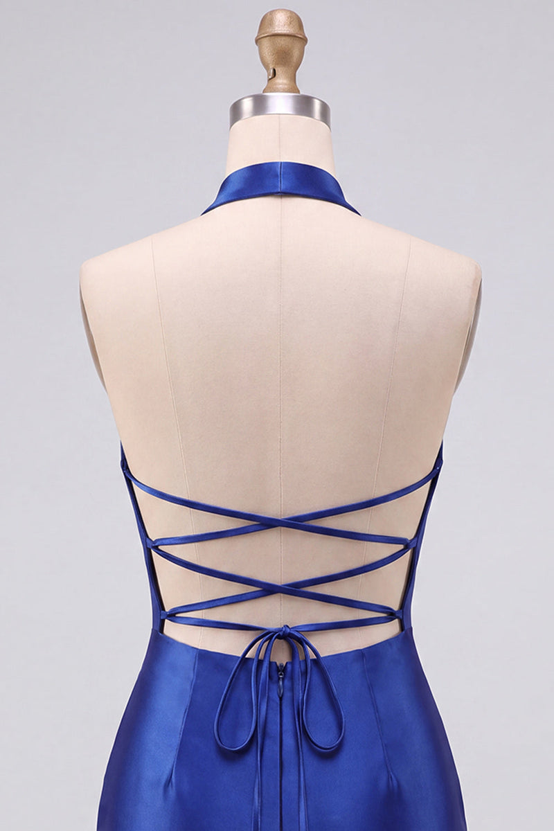 Laden Sie das Bild in den Galerie-Viewer, Königsblaue Bodycon Perlen Strass Halter Kurzes Homecoming-Kleid