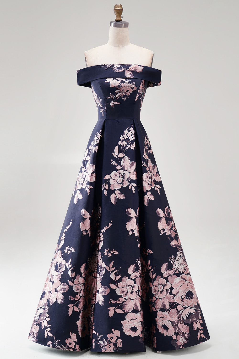 Marineblau Off Schulter Blumenmuster Bedruckt A-Linien Langes Abendkleid