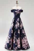 Laden Sie das Bild in den Galerie-Viewer, Marineblau Off Schulter Blumenmuster Bedruckt A-Linien Langes Abendkleid