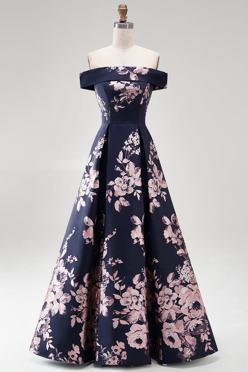 Laden Sie das Bild in den Galerie-Viewer, Marineblau Off Schulter Blumenmuster Bedruckt A-Linien Langes Abendkleid