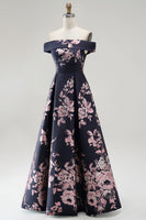 Laden Sie das Bild in den Galerie-Viewer, Marineblau Off Schulter Blumenmuster Bedruckt A-Linien Langes Abendkleid