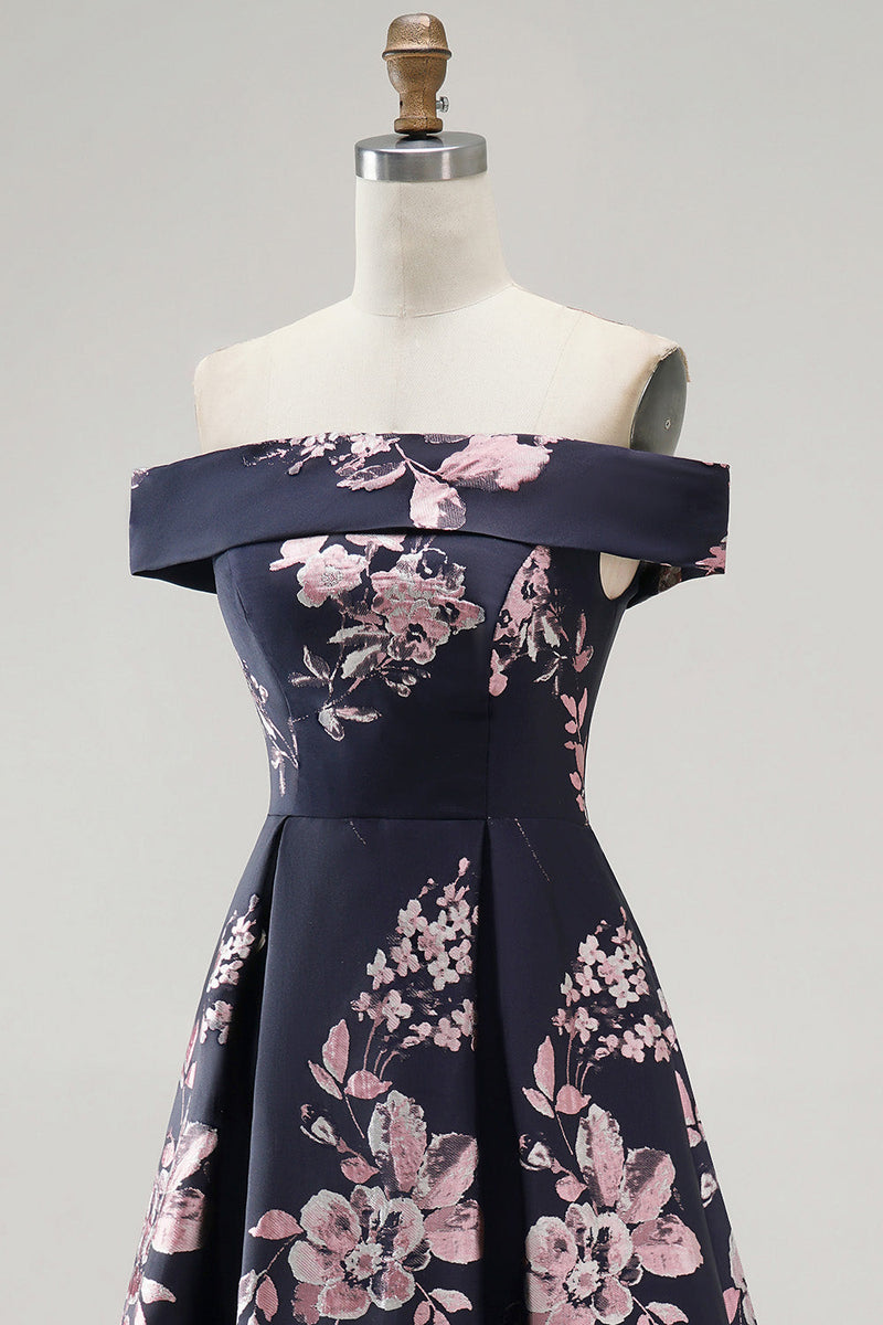 Laden Sie das Bild in den Galerie-Viewer, Marineblau Off Schulter Blumenmuster Bedruckt A-Linien Langes Abendkleid