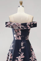 Laden Sie das Bild in den Galerie-Viewer, Marineblau Off Schulter Blumenmuster Bedruckt A-Linien Langes Abendkleid