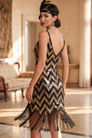 Laden Sie das Bild in den Galerie-Viewer, Glitzernde weiße goldene Pailletten Bodycon Kurzkleid von 1920 mit Fransen