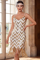 Laden Sie das Bild in den Galerie-Viewer, Glitzernde weiße goldene Pailletten Bodycon Kurzkleid von 1920 mit Fransen