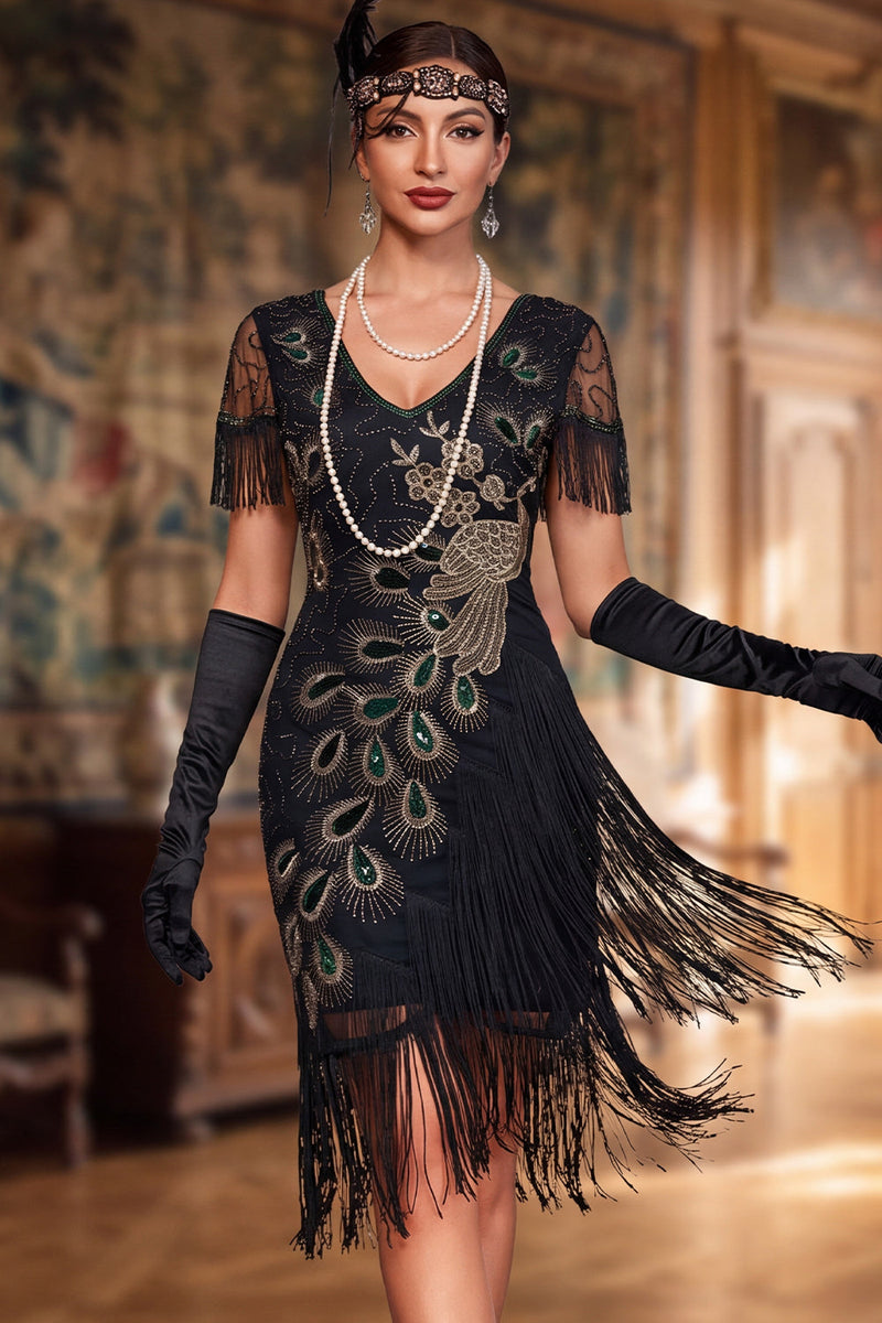 Laden Sie das Bild in den Galerie-Viewer, Vintage-Bodycon-Short-Kleidung mit Fransen aus 1920 und Perlen
