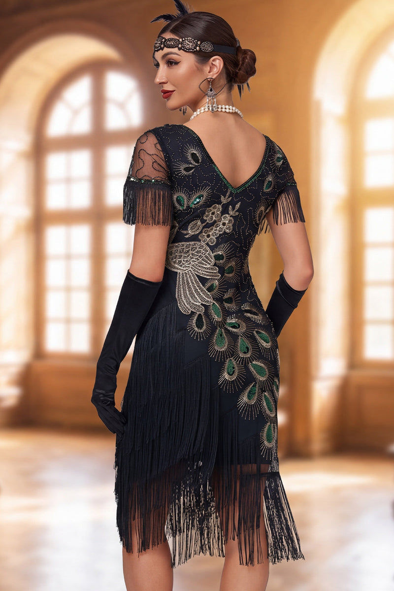 Laden Sie das Bild in den Galerie-Viewer, Glitzerndes schwarzes Bodycon-Pailletten-V-Hals-Fransen-Midi-Kleid der 1920er Jahre mit Perlen