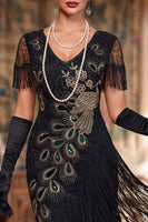 Laden Sie das Bild in den Galerie-Viewer, Glitzerndes schwarzes Bodycon-Pailletten-V-Hals-Fransen-Midi-Kleid der 1920er Jahre mit Perlen