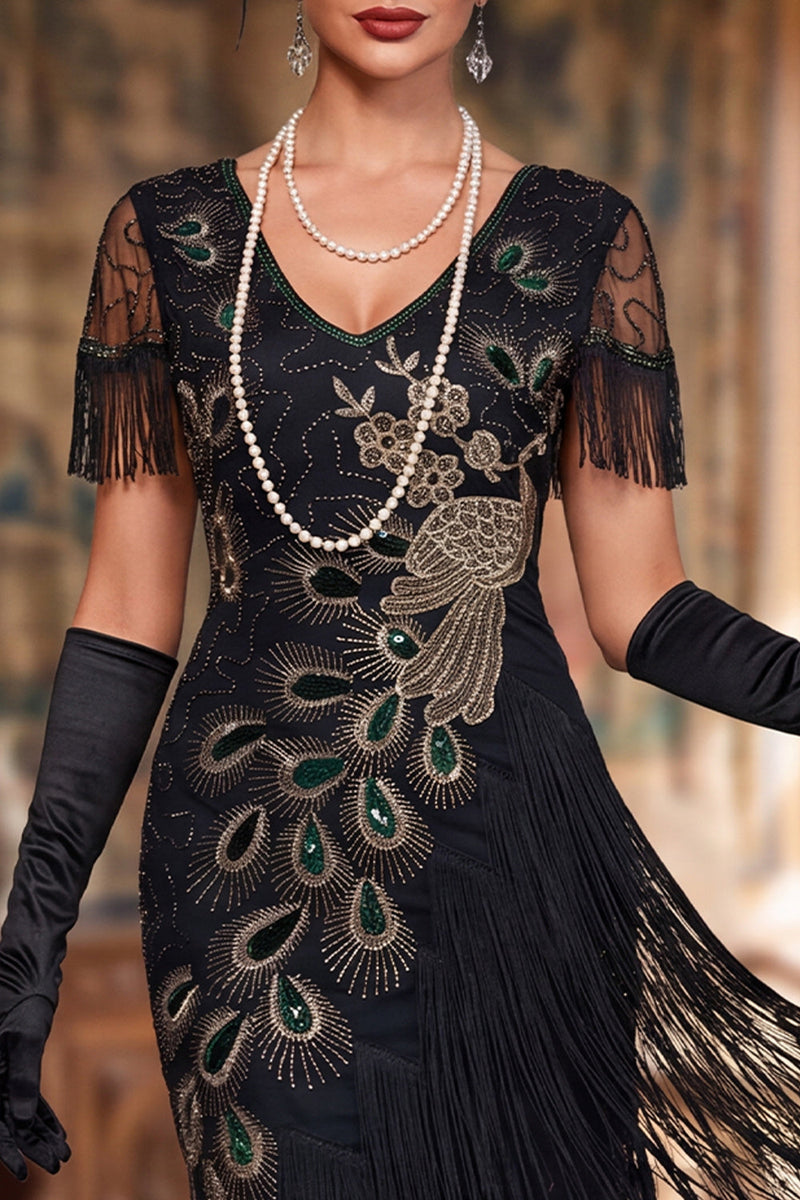 Laden Sie das Bild in den Galerie-Viewer, Glitzerndes schwarzes Bodycon-Pailletten-V-Hals-Fransen-Midi-Kleid der 1920er Jahre mit Perlen
