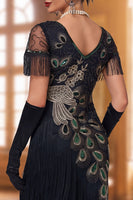 Laden Sie das Bild in den Galerie-Viewer, Glitzerndes schwarzes Bodycon-Pailletten-V-Hals-Fransen-Midi-Kleid der 1920er Jahre mit Perlen