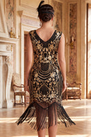 Laden Sie das Bild in den Galerie-Viewer, Vintage schwarze, goldgefranste Blumenpailletten – großartiges Gatsby-Partykleid mit Perlen