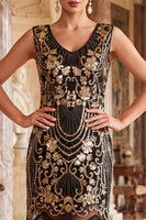 Laden Sie das Bild in den Galerie-Viewer, Vintage schwarze, goldgefranste Blumenpailletten – großartiges Gatsby-Partykleid mit Perlen
