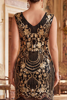 Laden Sie das Bild in den Galerie-Viewer, Vintage schwarze, goldgefranste Blumenpailletten – großartiges Gatsby-Partykleid mit Perlen