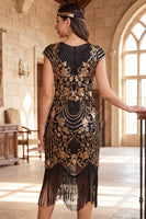 Laden Sie das Bild in den Galerie-Viewer, Schwarzes, goldenes Vintage-Fransenärmel und Pailletten-Flapper-Kleid aus den 1920er Jahren mit Perlen