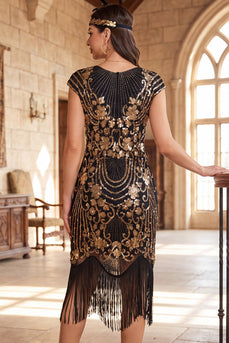 Schwarzes Goldenes Vintage Fransenärmel Pailletten Flapper-Kleid aus den 1920er Jahren mit Perlen