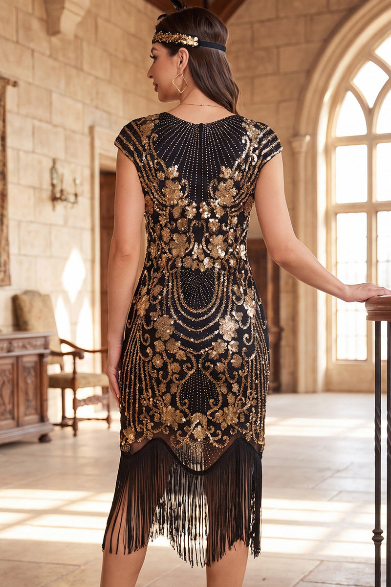Laden Sie das Bild in den Galerie-Viewer, Schwarzes, goldenes Vintage-Fransenärmel und Pailletten-Flapper-Kleid aus den 1920er Jahren mit Perlen