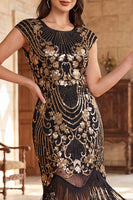 Laden Sie das Bild in den Galerie-Viewer, Schwarzes, goldenes Vintage-Fransenärmel und Pailletten-Flapper-Kleid aus den 1920er Jahren mit Perlen