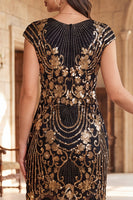 Laden Sie das Bild in den Galerie-Viewer, Schwarzes, goldenes Vintage-Fransenärmel und Pailletten-Flapper-Kleid aus den 1920er Jahren mit Perlen
