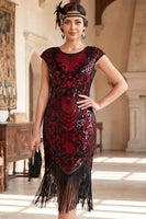 Laden Sie das Bild in den Galerie-Viewer, Schwarzes, goldenes Vintage-Fransenärmel und Pailletten-Flapper-Kleid aus den 1920er Jahren mit Perlen